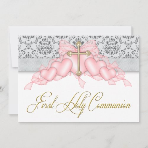 Pink Gray Gold Cross Girls Pink First Communion Announcements