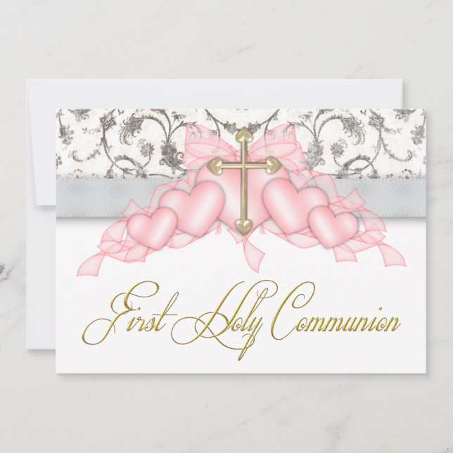 Pink Gray Gold Cross Girls Pink First Communion Invitation (Front)