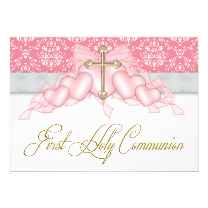 Pink Gray Gold Cross Girls Pink First Communion Personalized Invite