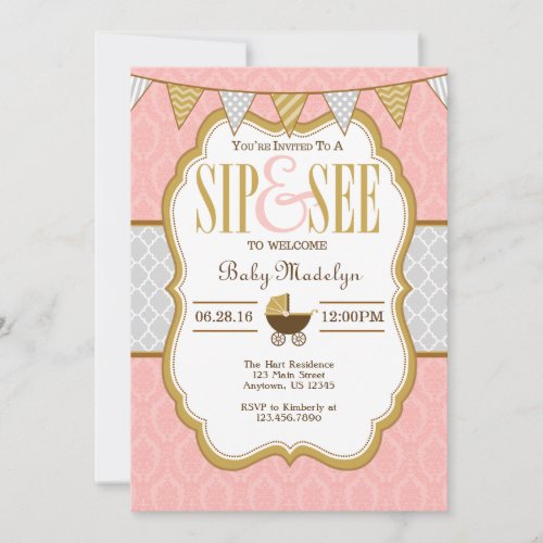 Pink Gray Gold Sip And See Invitation