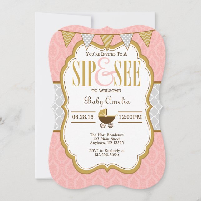 Pink Gray Gold Sip And See Invitation (Front)