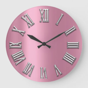 Pink Gray Gray Metal Gray Silver Roman Number Large Clock