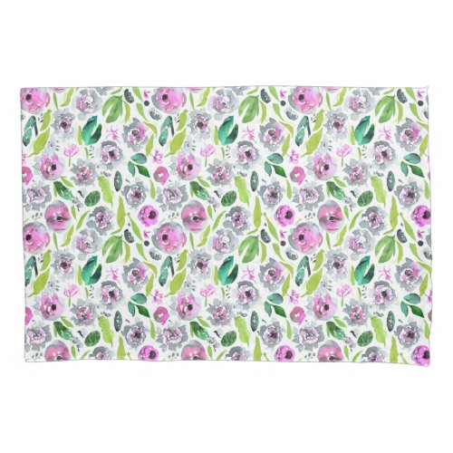 Pink Gray Green Floral Flowers Greenery Watercolor Pillow Case