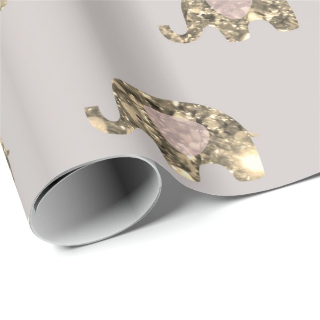 Pink Gray Grey Princess Elephant Faux Gold Baby Wrapping Paper (Roll Corner)