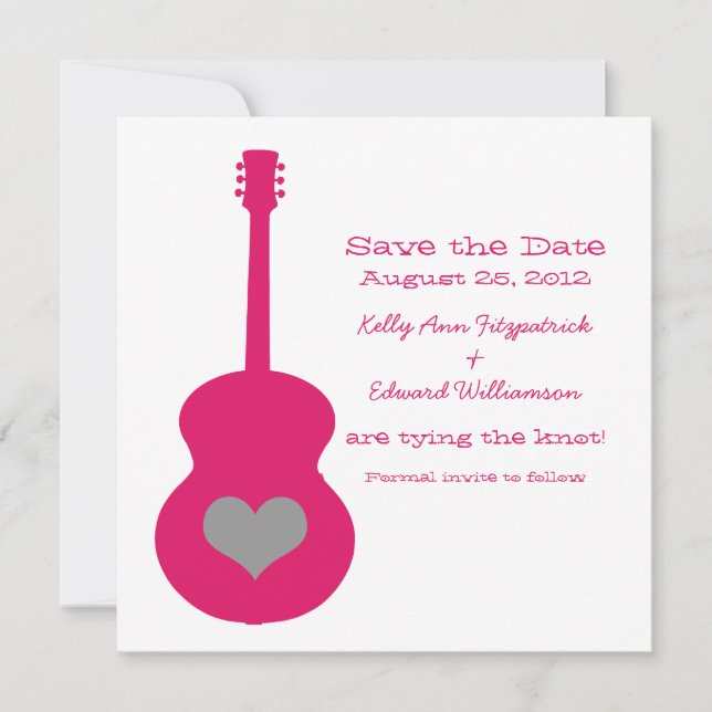 Pink/Gray Guitar Heart Save the Date Invite (Front)
