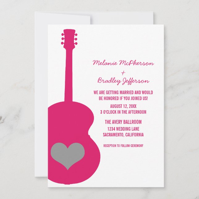 Pink/Gray Guitar Heart Wedding Invite (Front)