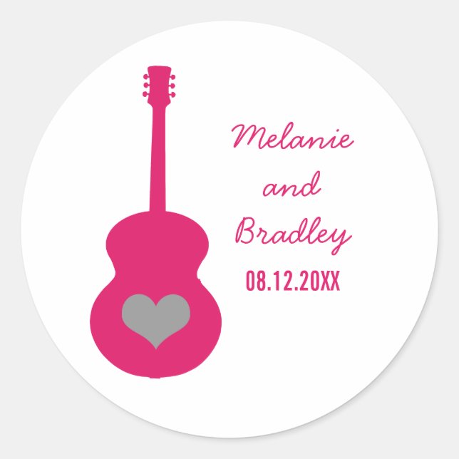Pink/Gray Guitar Heart Wedding Stickers (Front)