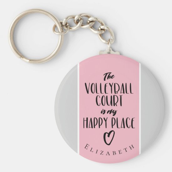 pink gray happy place personalized volleyball keychain