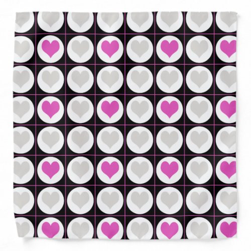 Pink  Gray Hearts on Black  White Check Dots Bandana