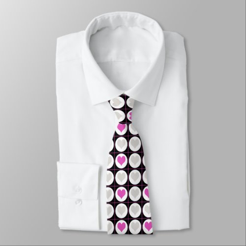 Pink  Gray Hearts on Black  White Check Dots Neck Tie