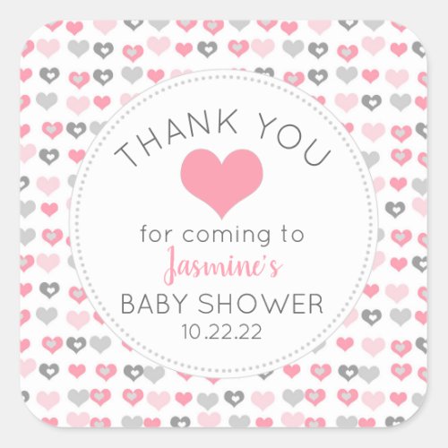 Pink Gray Hearts Valentine girl baby shower favor Square Sticker