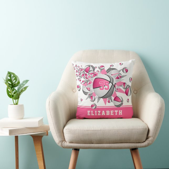 pink gray her sports room basketballs stars throw pillow (Chair)