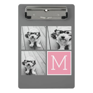 Pink Gray Instagram Photo Collage Custom Monogram Mini Clipboard