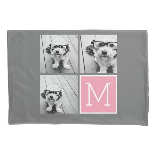 Pink Gray Instagram Photo Collage Custom Monogram Pillow Case