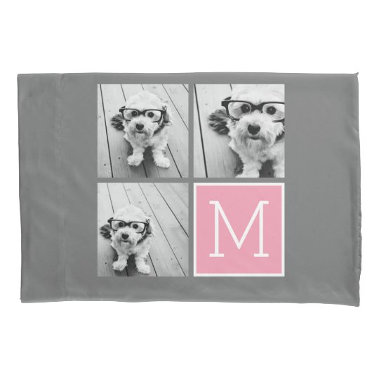 Pink Gray Instagram Photo Collage Custom Monogram Pillow ...
