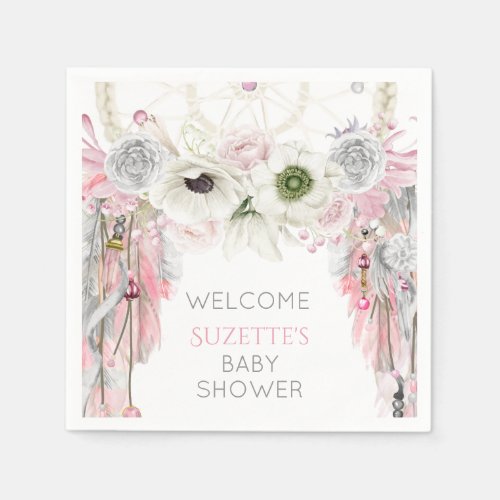 Pink Gray Ivory Dream Catcher Feathers Napkins