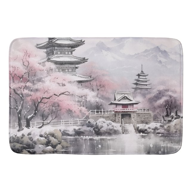 Pink Gray Japanese Sakura Blossoms Pagoda Bath Mat (Front)