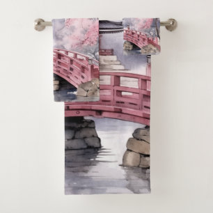 Pink Gray Japanese Sakura Blossoms Pagoda Bath Towel Set