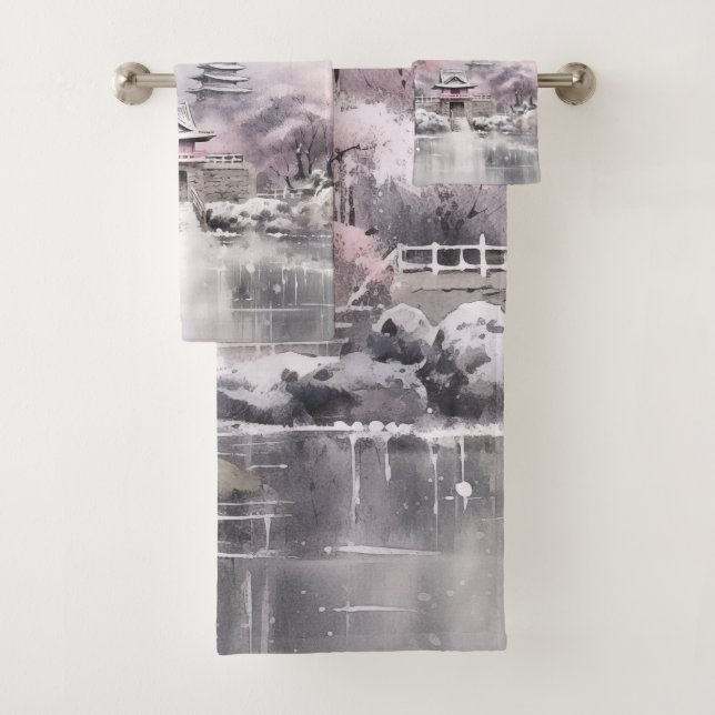 Pink Gray Japanese Sakura Blossoms Pagoda Bath Towel Set (Insitu)