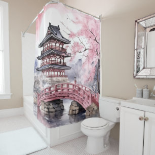 Pink Gray Japanese Sakura Blossoms Pagoda Shower Curtain