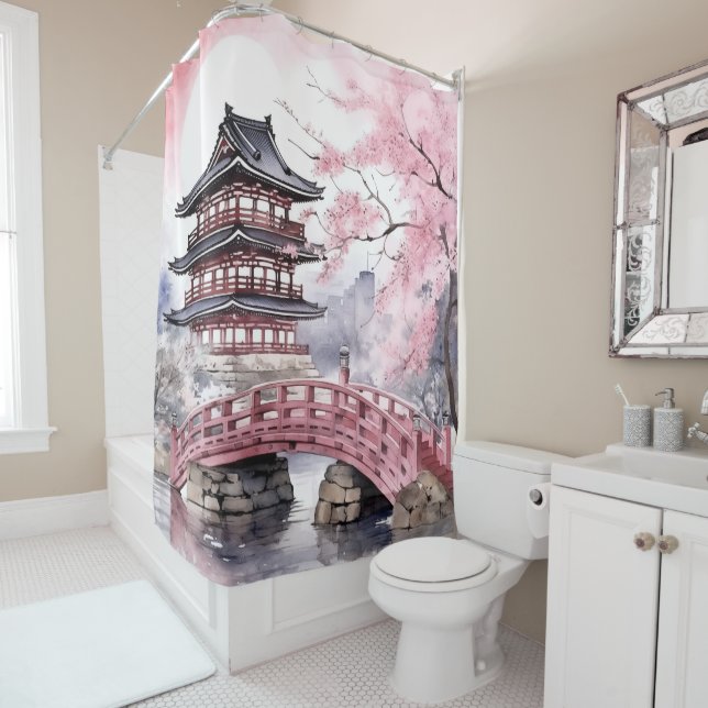 Pink Gray Japanese Sakura Blossoms Pagoda Shower Curtain (In Situ)