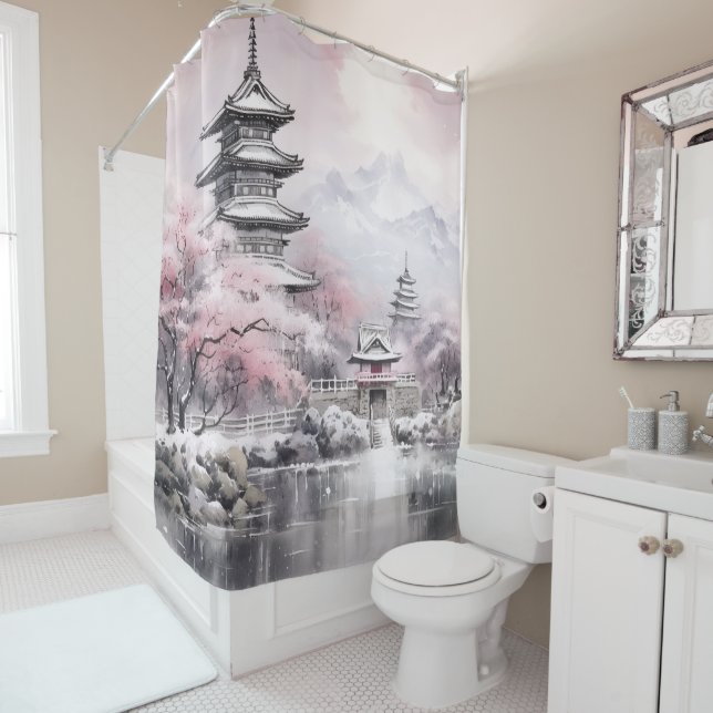 Pink Gray Japanese Sakura Blossoms Pagoda Shower Curtain (In Situ)