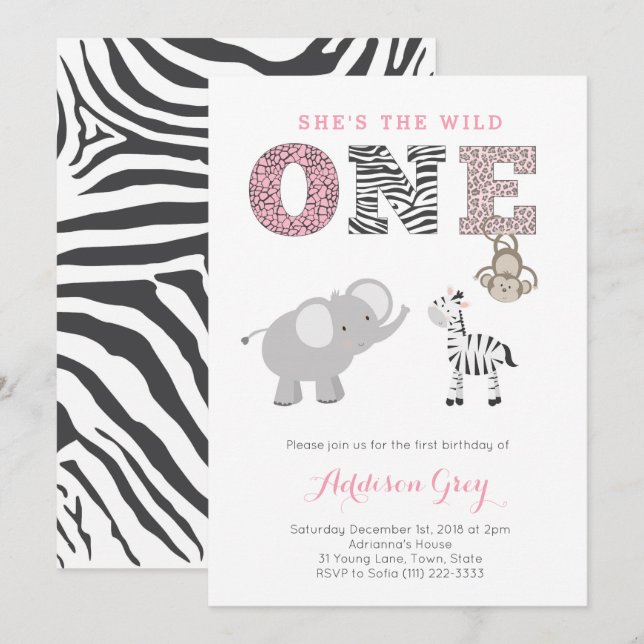 Pink Gray Jungle Safari First Birthday For Girl Invitation (Front/Back)