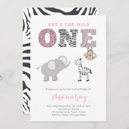 Pink Gray Jungle Safari First Birthday For Girl Invitation