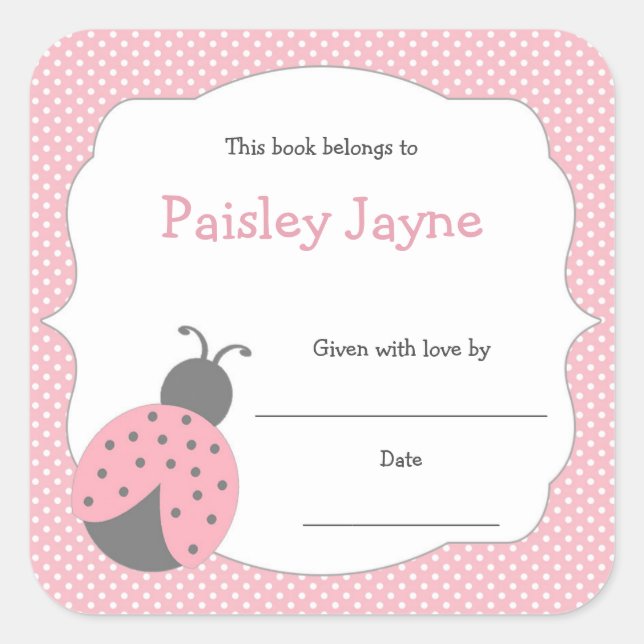 Pink Gray Ladybug bookplate / book baby shower (Front)