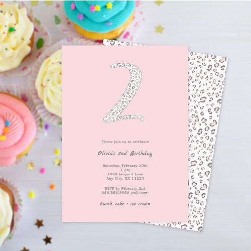 Pink Gray Leopard 2nd Birthday Invitation