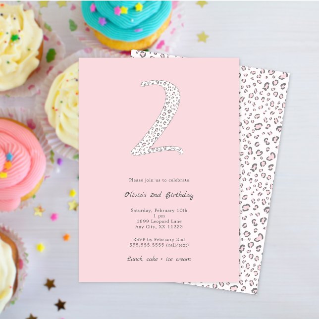 Pink Gray Leopard 2nd Birthday Invitation (Creator Uploaded)