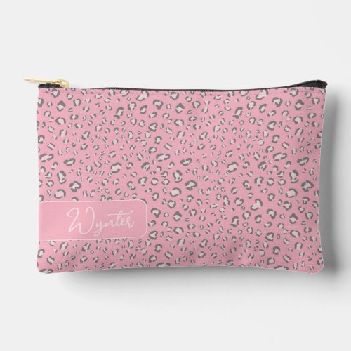 Pink Gray leopard pattern with name Accessory Pouch