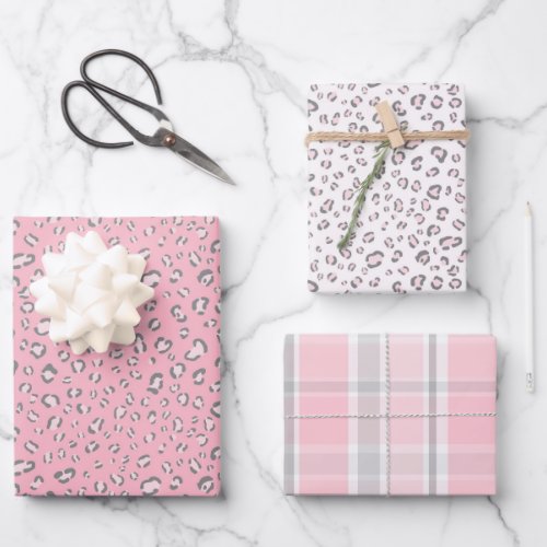 Pink Gray Leopard Spots and Plaid Wrapping Paper Sheets