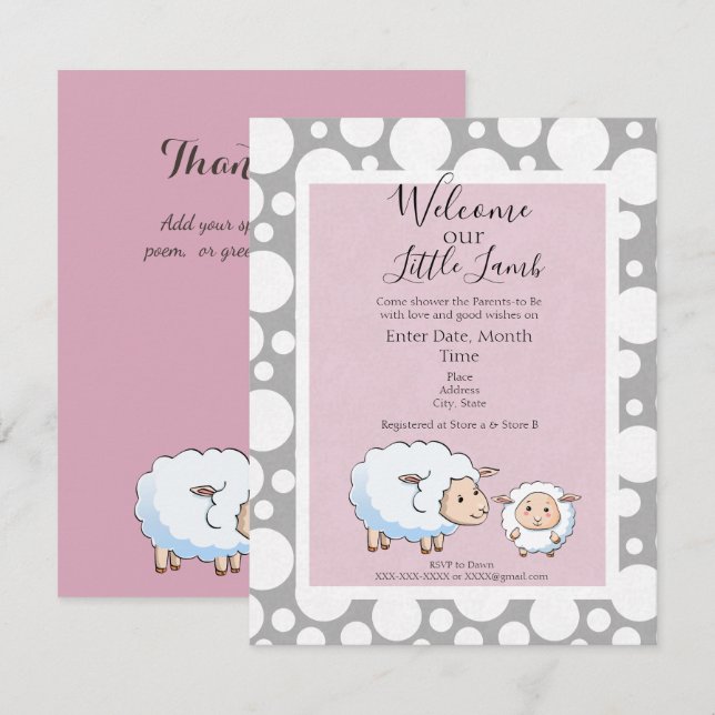Pink, Gray Little Lamb Baby Girl Shower Supplies Invitation (Front/Back)