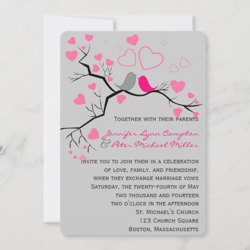 Pink Gray Lovebirds  Hearts Wedding Invitation