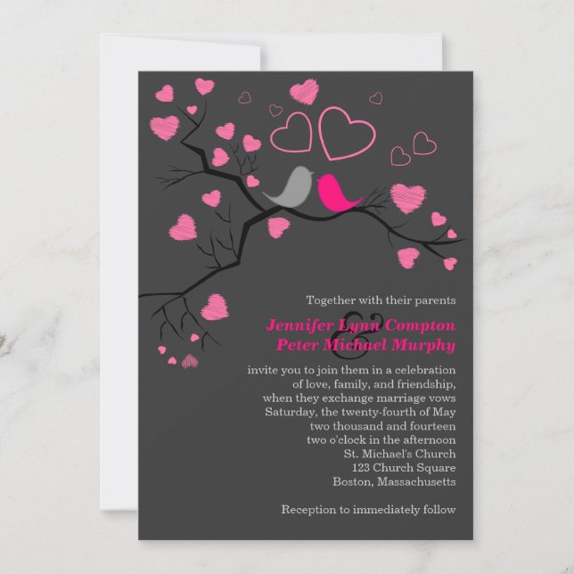 Pink, Gray Lovebirds & Hearts Wedding Invitation (Front)