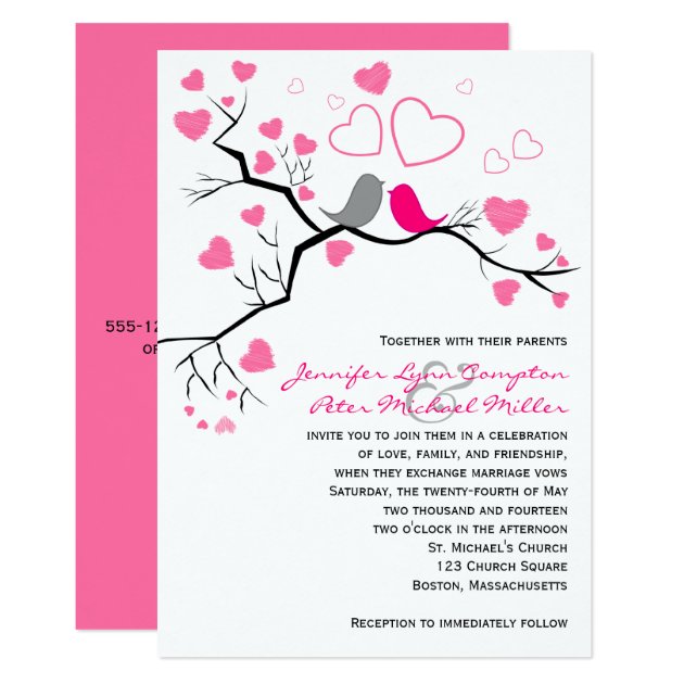 Pink, Gray Lovebirds & Hearts Wedding Invitation