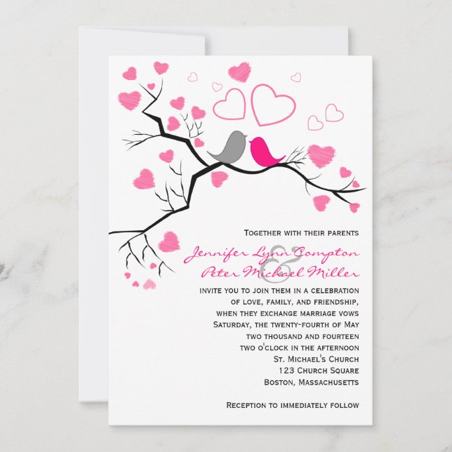 Pink, Gray Lovebirds & Hearts Wedding Invitation (Front)