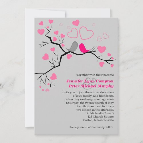 Pink, Gray Lovebirds &amp; Hearts Wedding Invitation