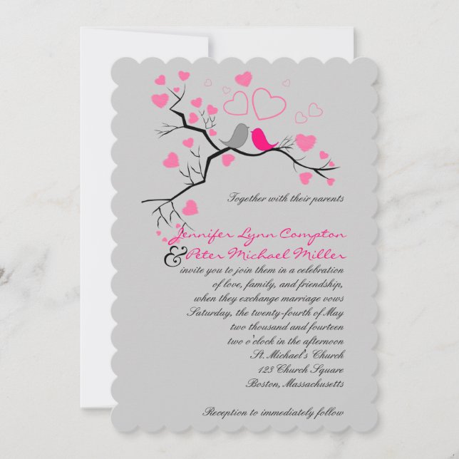 Pink, Gray Lovebirds & Hearts Wedding Invitation (Front)
