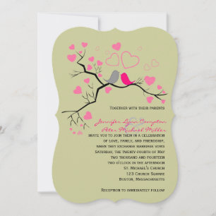 Pink, Gray Lovebirds & Hearts Wedding Invitation