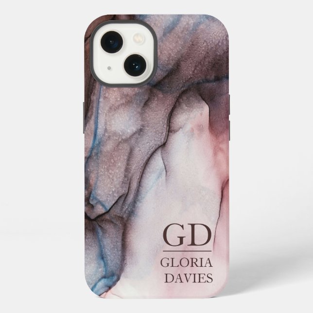 Pink Gray Marble Abstract Monogram Personalized  Iphone Case (Back)