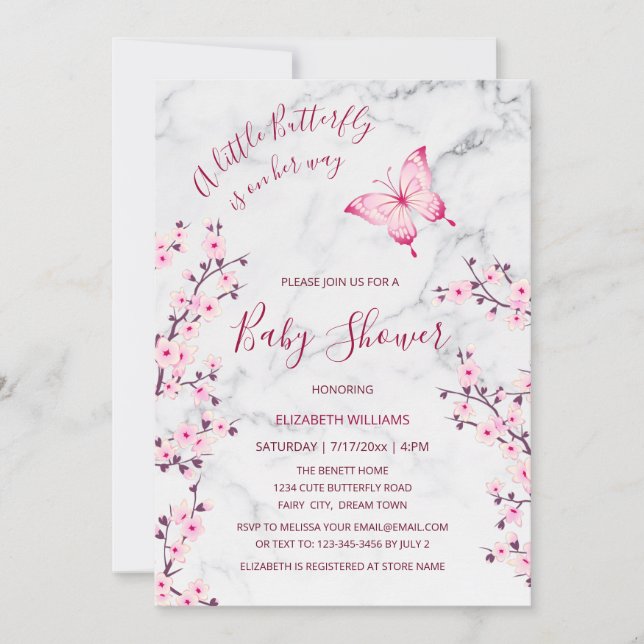 Pink Gray Marble Butterfly | Girl Baby Shower Invitation (Front)