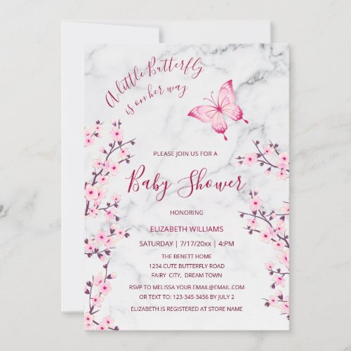 Pink Gray Marble Butterfly  Girl Baby Shower Invitation