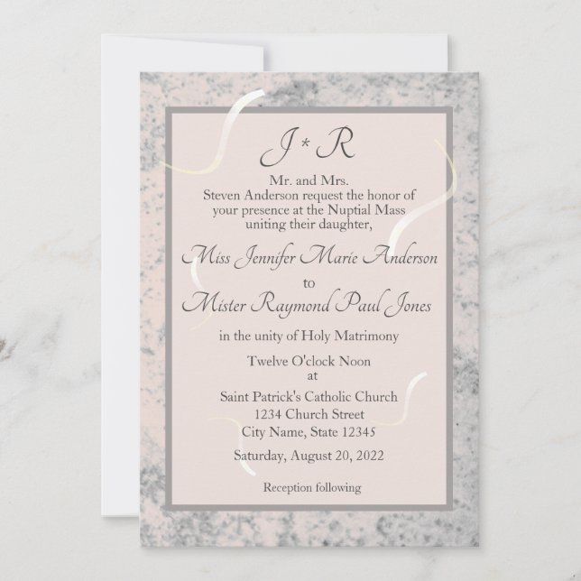 Pink & Gray Marble Monogramed Wedding Invitation (Front)