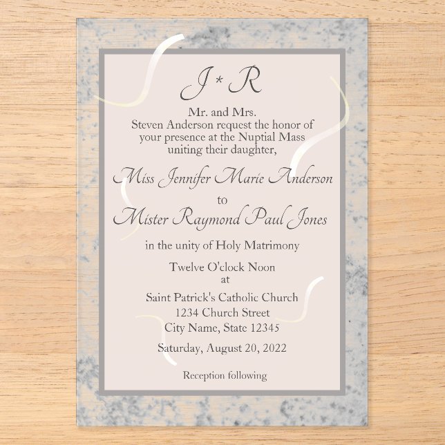 Pink & Gray Marble Monogramed Wedding Invitation (Front)