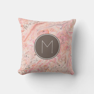 Pink Gray Marbled Monogram Throw Pillow