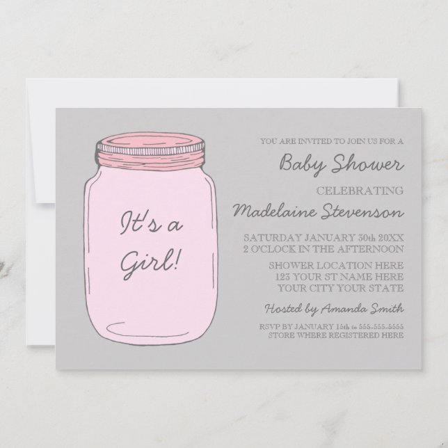 Pink Gray Mason Jar Custom Baby Shower Invitations (Back)