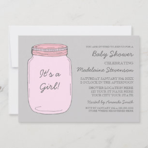 Pink Gray Mason Jar Custom Baby Shower Invitations