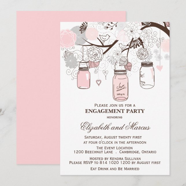 Pink & Gray Mason Jars Engagement Party Invitation (Front/Back)
